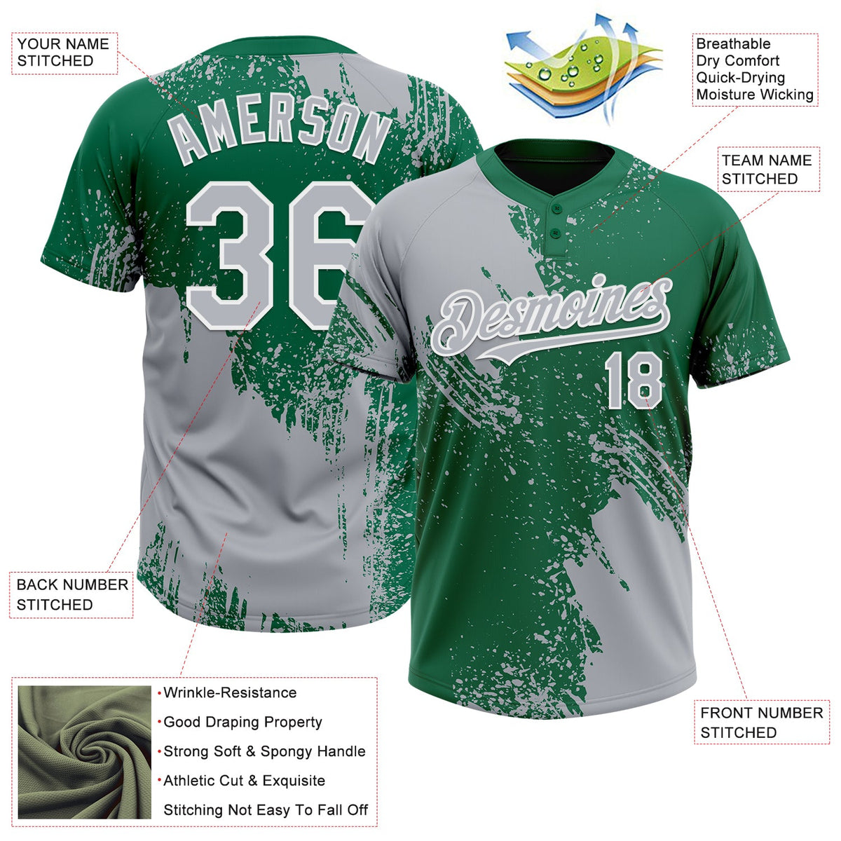 Custom Gray Kelly Green-White 3D Pattern Abstract Brush Stroke Two-Button Unisex Softball Jersey