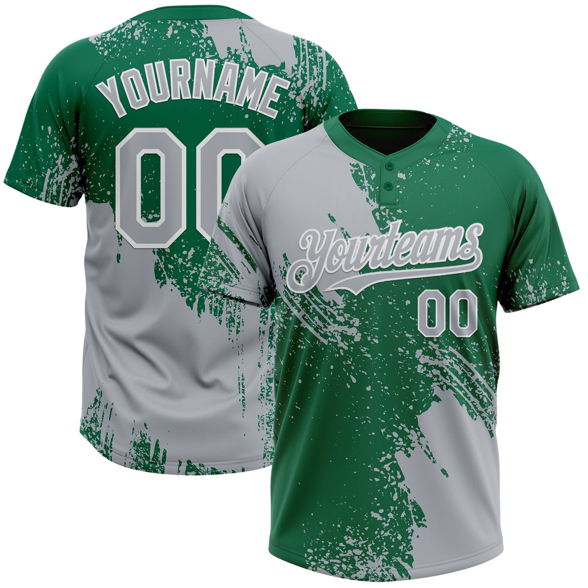 Custom Gray Kelly Green-White 3D Pattern Abstract Brush Stroke Two-Button Unisex Softball Jersey