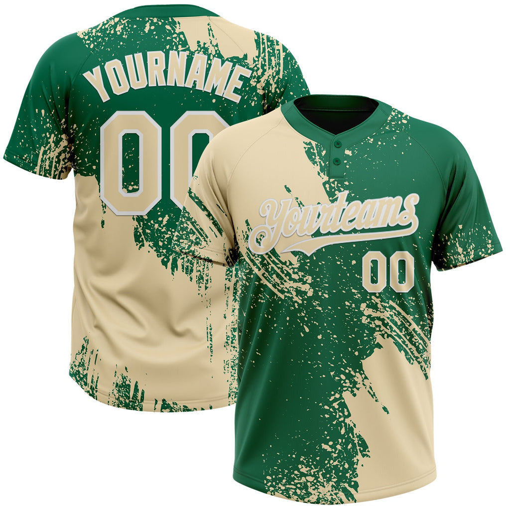 Custom Cream Kelly Green-White 3D Pattern Abstract Brush Stroke Two-Button Unisex Softball Jersey