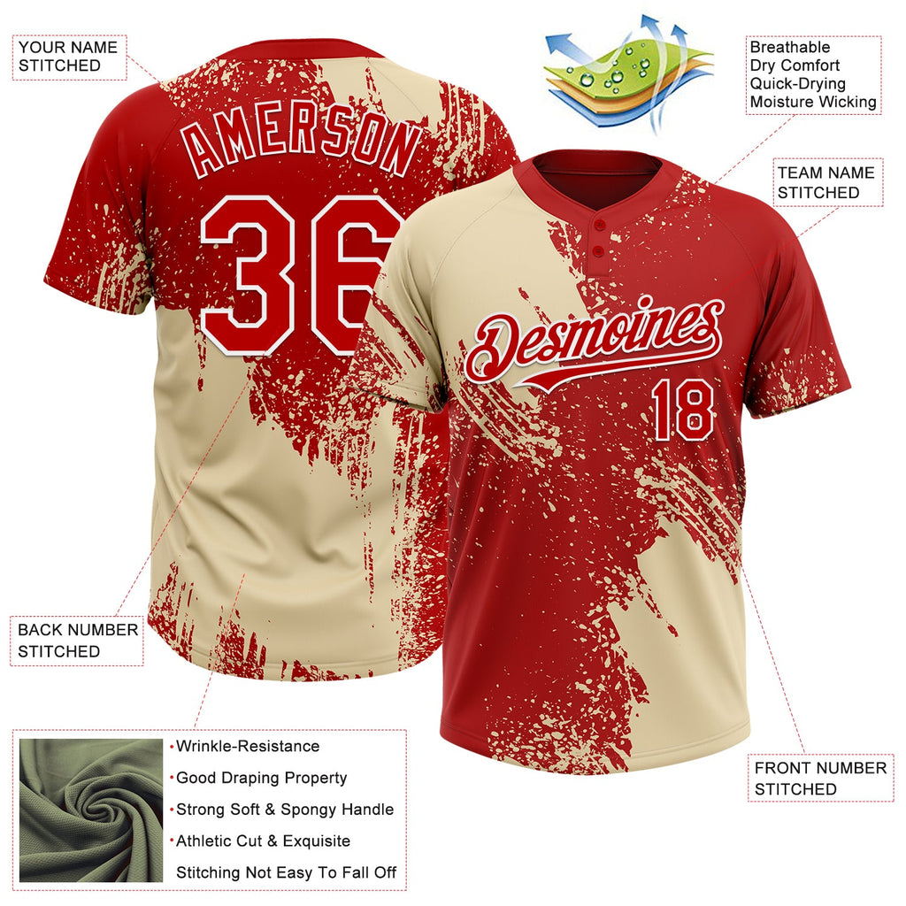 Custom Cream Red-White 3D Pattern Abstract Brush Stroke Two-Button Unisex Softball Jersey