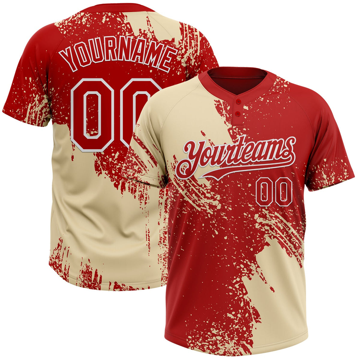 Custom Cream Red-White 3D Pattern Abstract Brush Stroke Two-Button Unisex Softball Jersey