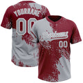 Custom Gray Crimson-White 3D Pattern Abstract Brush Stroke Two-Button Unisex Softball Jersey