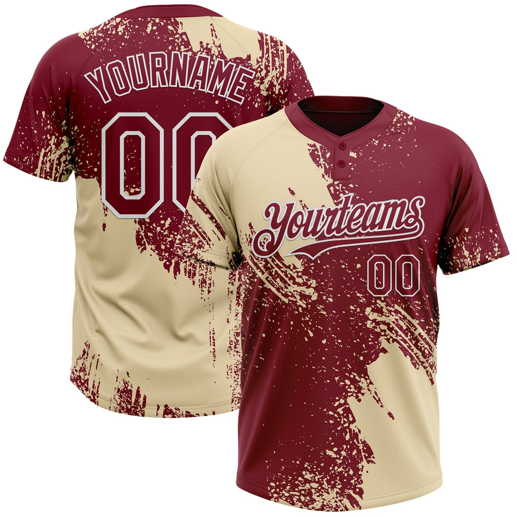Custom Cream Crimson-White 3D Pattern Abstract Brush Stroke Two-Button Unisex Softball Jersey
