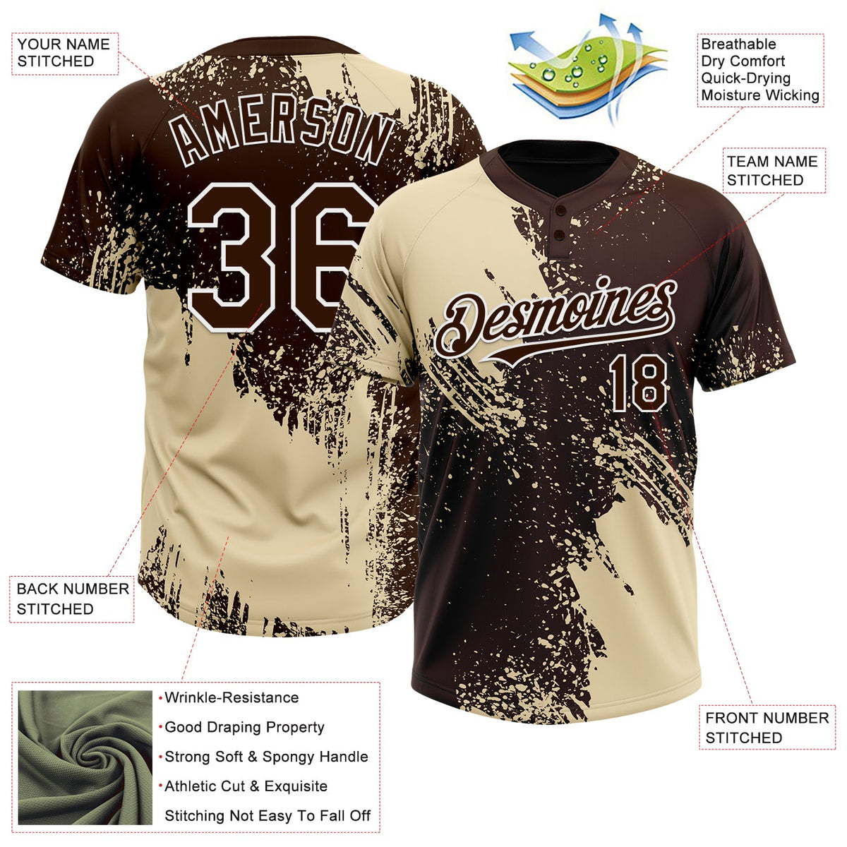 Custom Cream Brown-White 3D Pattern Abstract Brush Stroke Two-Button Unisex Softball Jersey