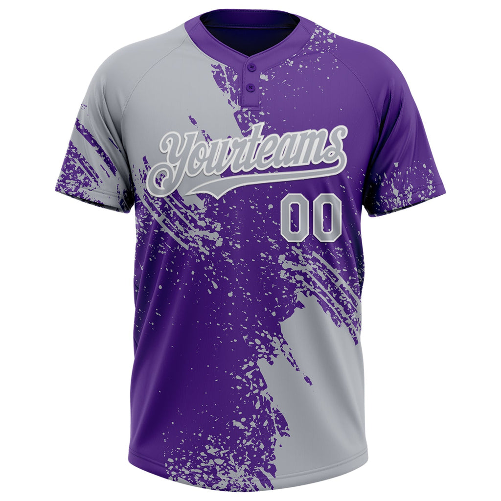 Custom Gray Purple-White 3D Pattern Abstract Brush Stroke Two-Button Unisex Softball Jersey