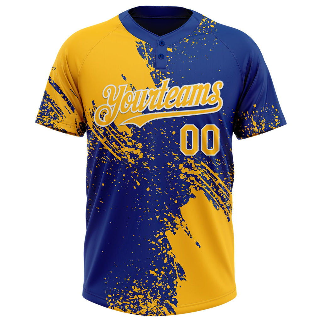 Custom Gold Royal-White 3D Pattern Abstract Brush Stroke Two-Button Unisex Softball Jersey