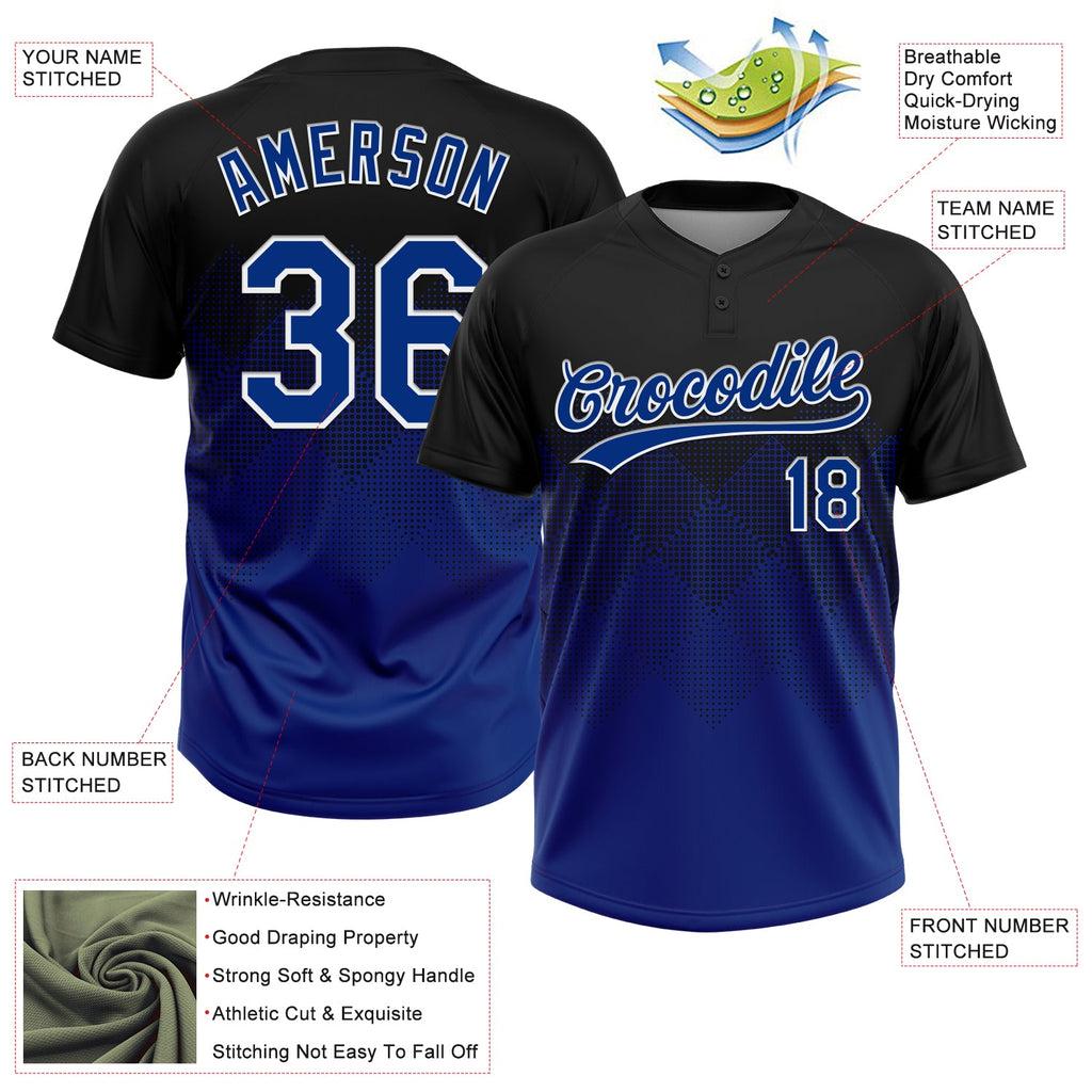Custom Black Royal-White 3D Gradient Square Shape Two-Button Unisex Softball Jersey