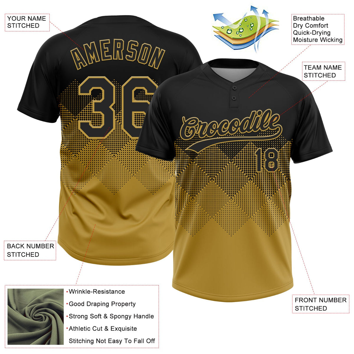 Custom Black Old Gold 3D Gradient Square Shape Two-Button Unisex Softball Jersey