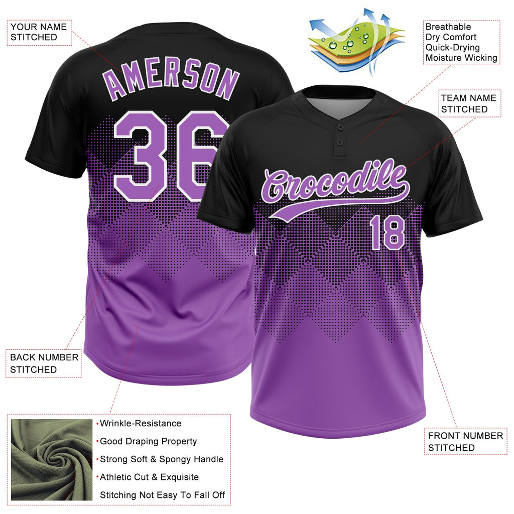Custom Black Medium Purple-White 3D Gradient Square Shape Two-Button Unisex Softball Jersey