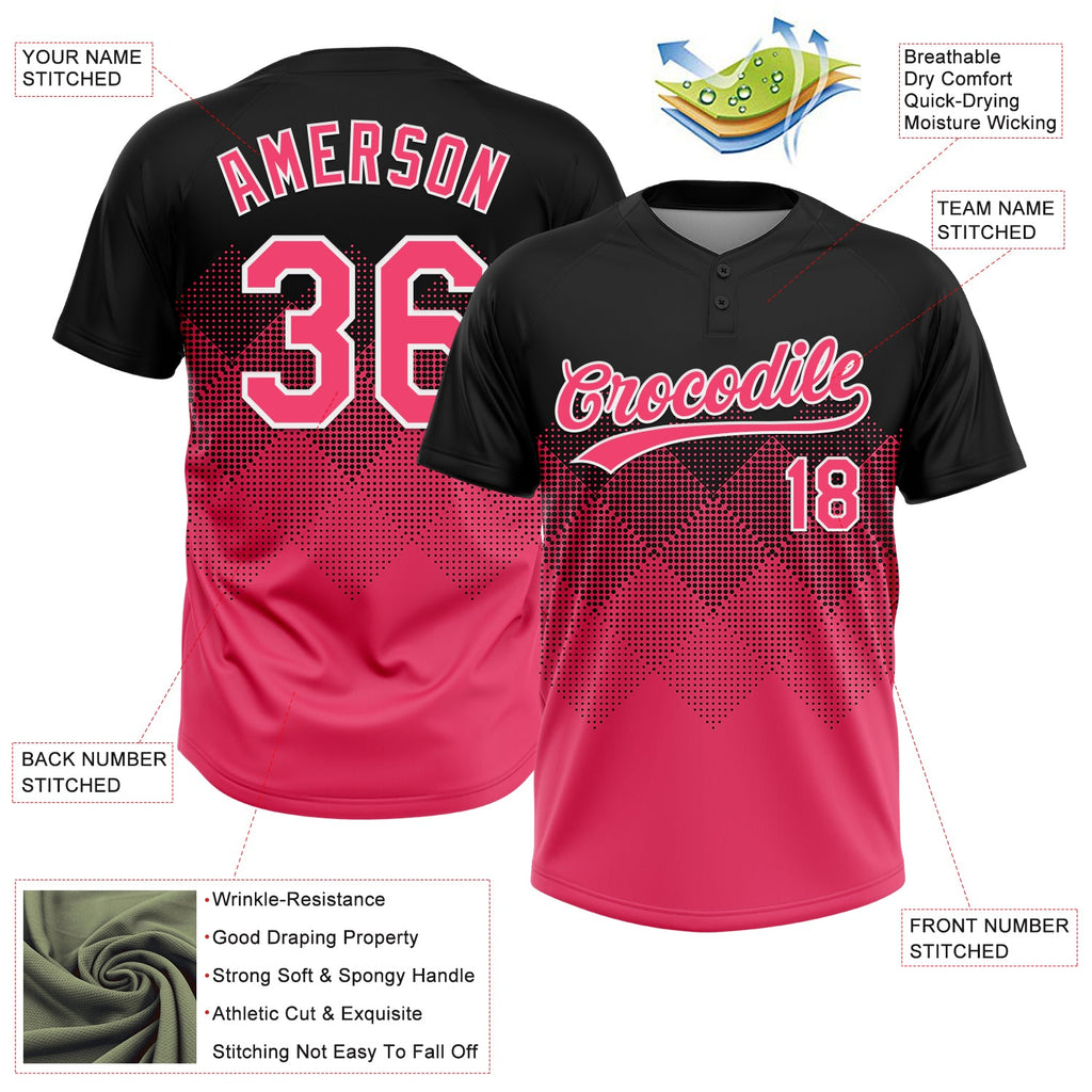 Custom Black Neon Pink-White 3D Gradient Square Shape Two-Button Unisex Softball Jersey