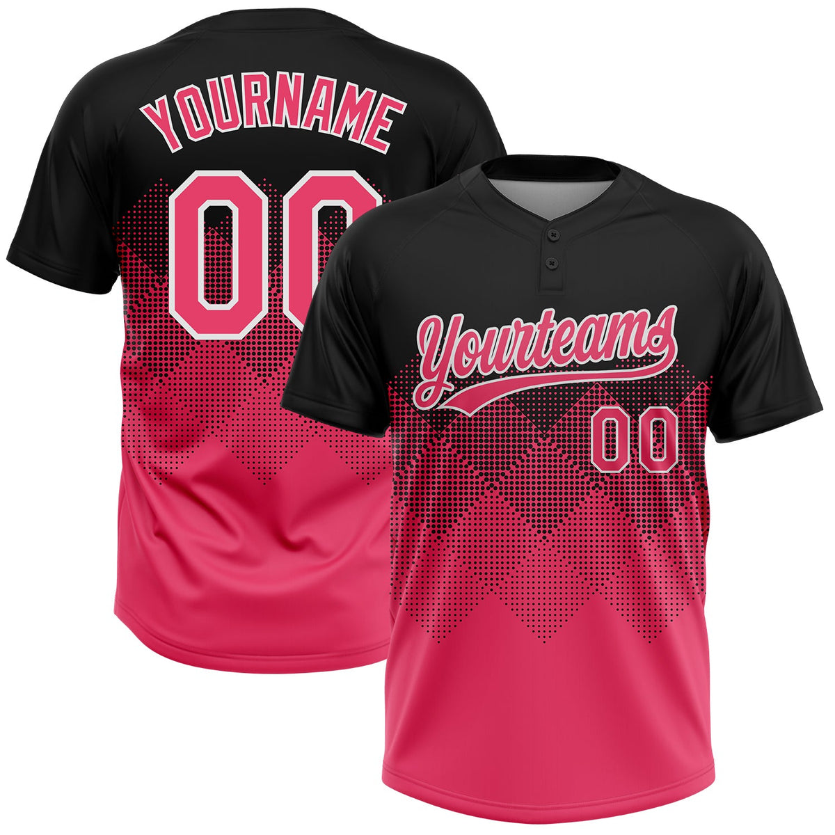 Custom Black Neon Pink-White 3D Gradient Square Shape Two-Button Unisex Softball Jersey