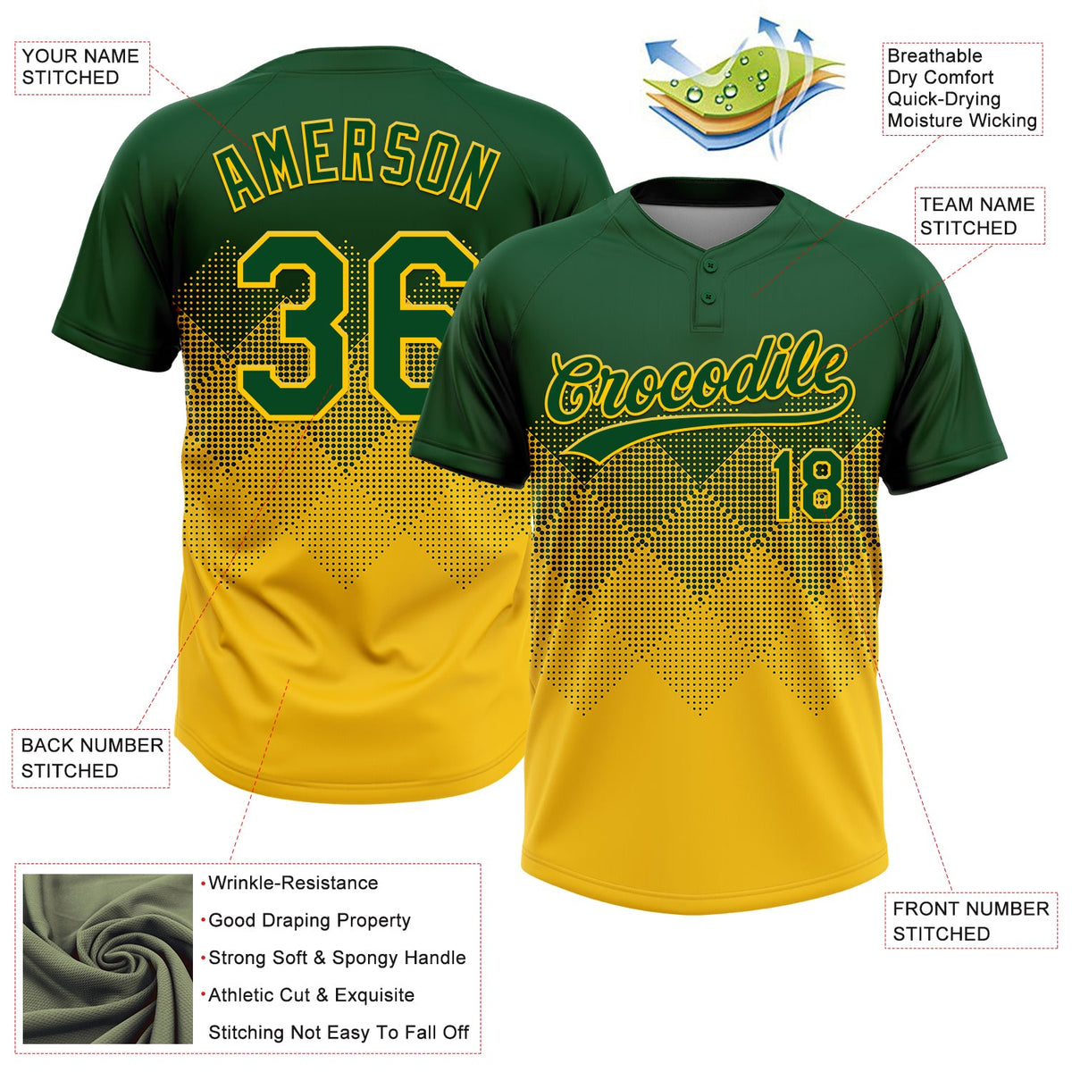 Custom Green Yellow 3D Gradient Square Shape Two-Button Unisex Softball Jersey