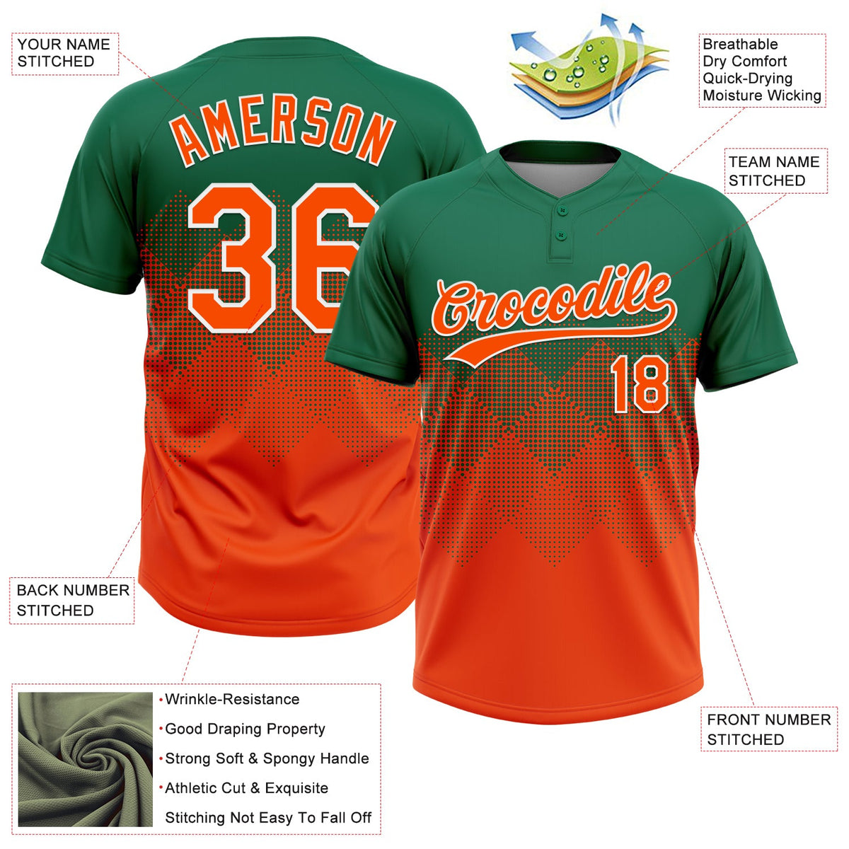 Custom Kelly Green Orange-White 3D Gradient Square Shape Two-Button Unisex Softball Jersey