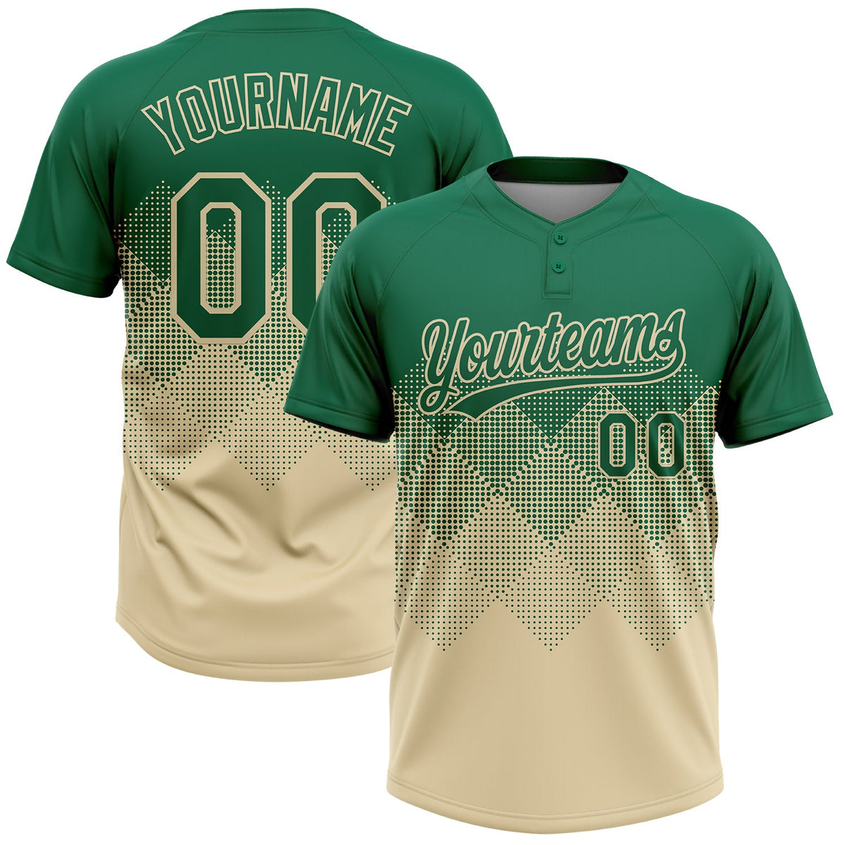 Custom Kelly Green Cream 3D Gradient Square Shape Two-Button Unisex Softball Jersey
