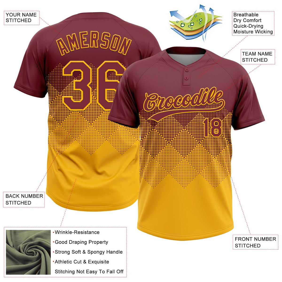 Custom Burgundy Gold 3D Gradient Square Shape Two-Button Unisex Softball Jersey