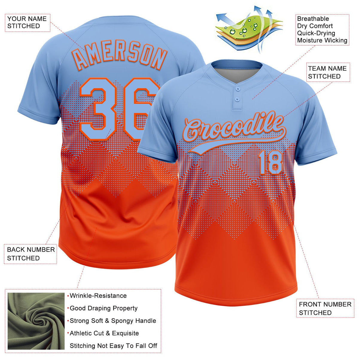 Custom Light Blue Orange 3D Gradient Square Shape Two-Button Unisex Softball Jersey