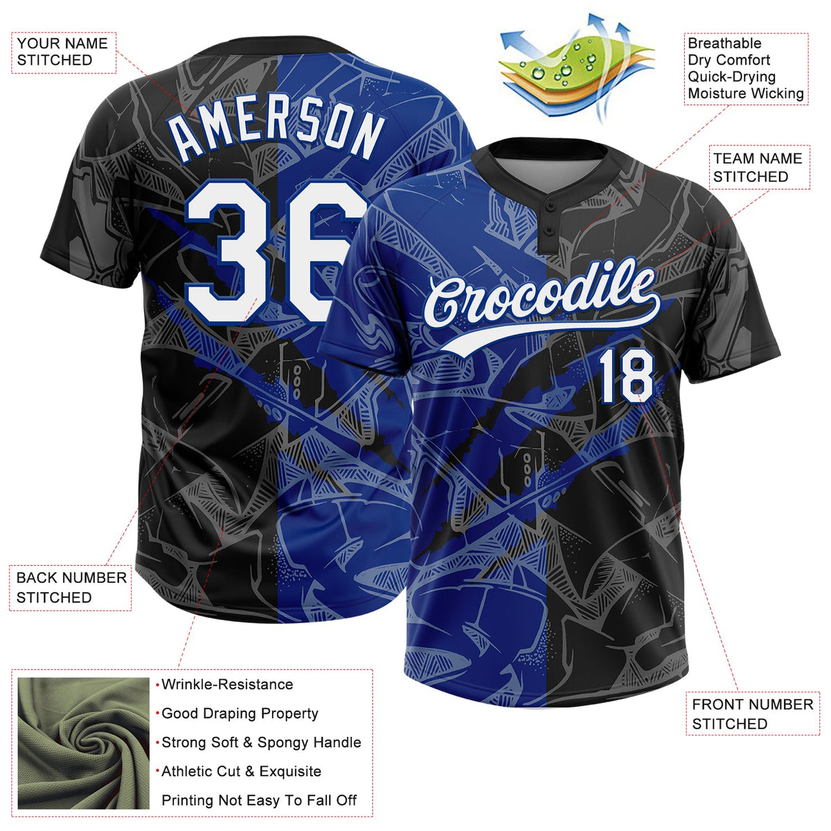 Custom Graffiti Pattern White Black-Royal 3D Scratch Two-Button Unisex Softball Jersey