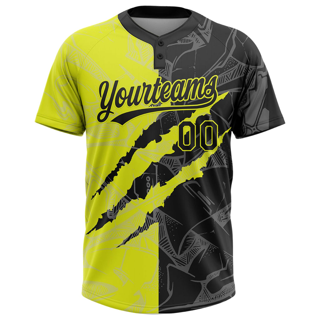 Custom Graffiti Pattern Black-Neon Yellow 3D Scratch Two-Button Unisex Softball Jersey