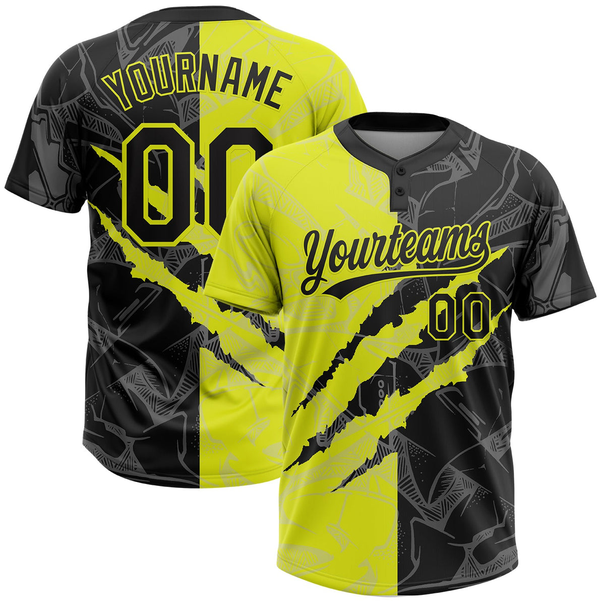 Custom Graffiti Pattern Black-Neon Yellow 3D Scratch Two-Button Unisex Softball Jersey