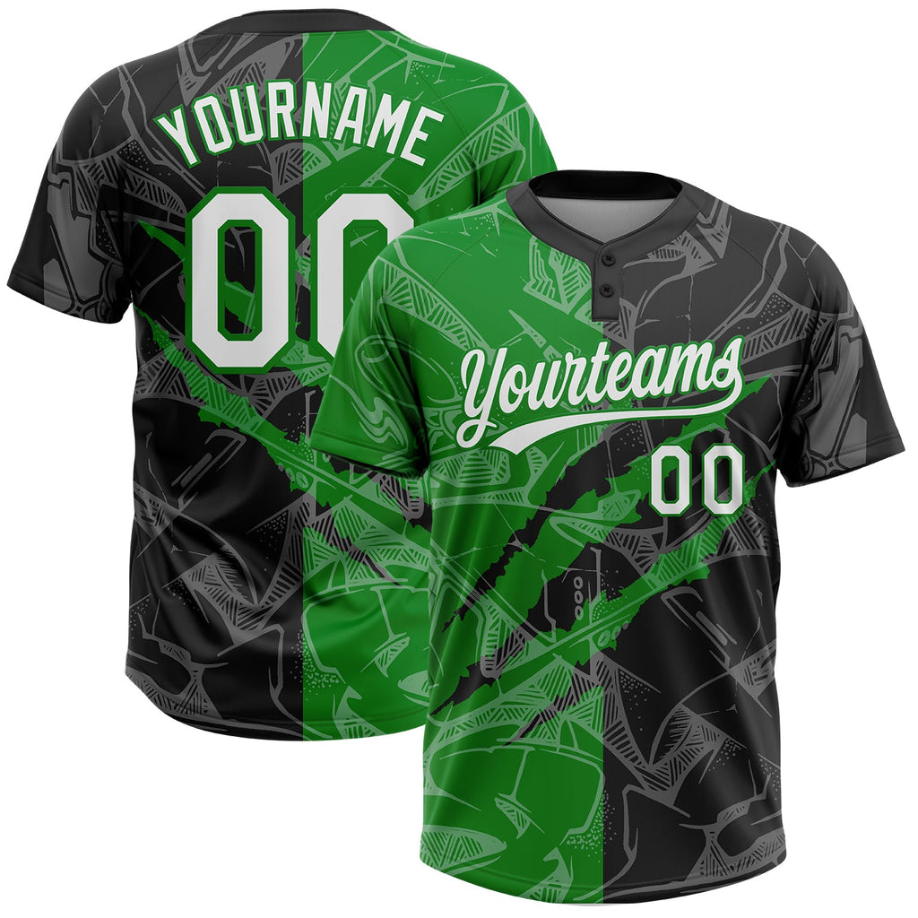 Custom Graffiti Pattern White Black-Grass Green 3D Scratch Two-Button Unisex Softball Jersey
