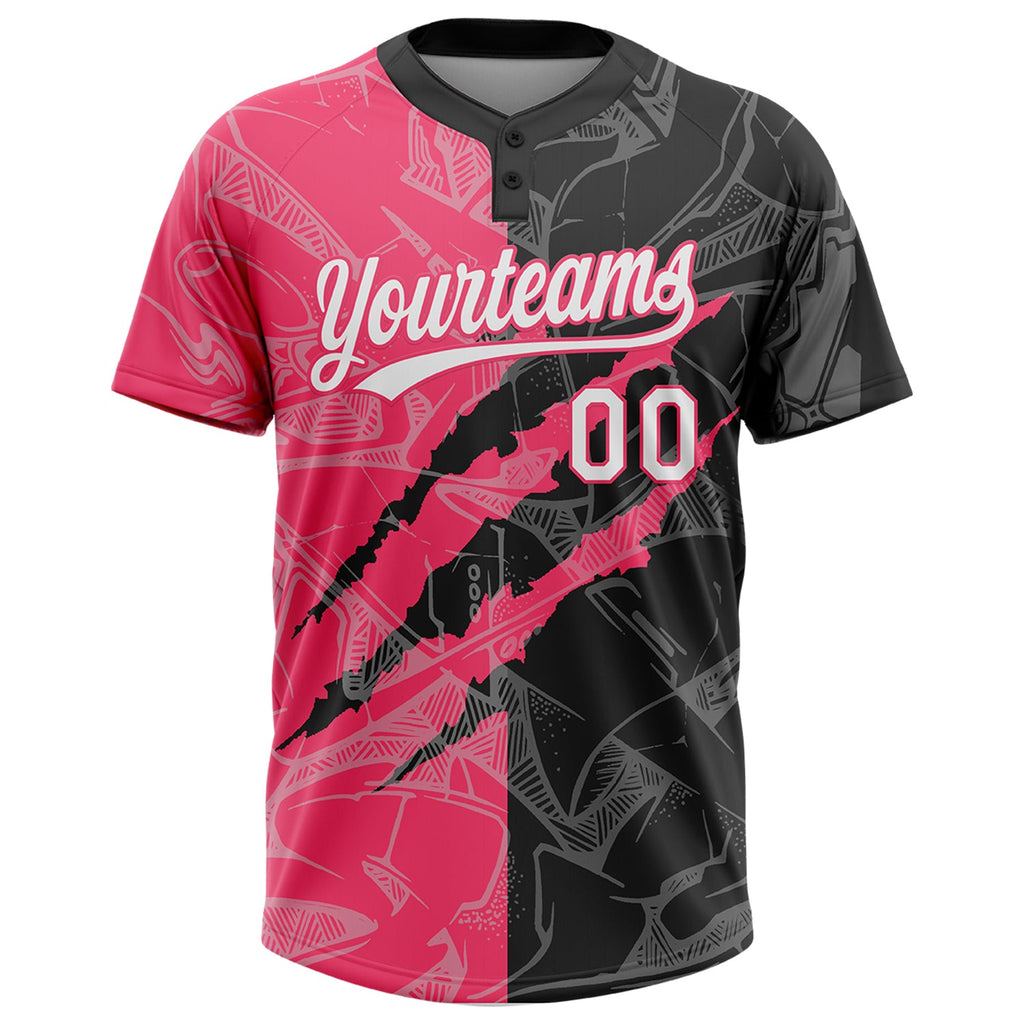 Custom Graffiti Pattern White Black-Neon Pink 3D Scratch Two-Button Unisex Softball Jersey