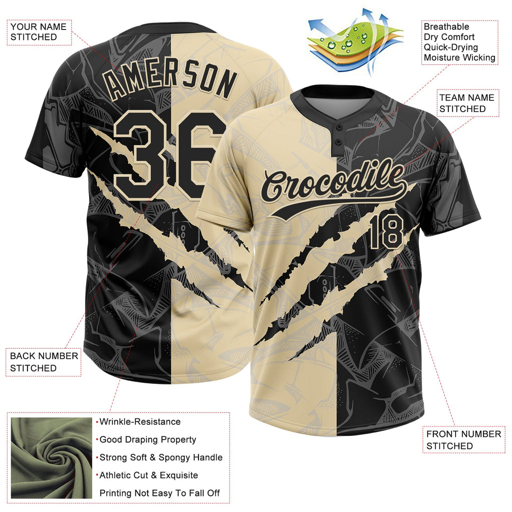 Custom Graffiti Pattern Black-Cream 3D Scratch Two-Button Unisex Softball Jersey