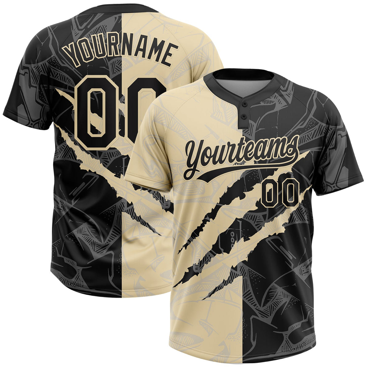 Custom Graffiti Pattern Black-Cream 3D Scratch Two-Button Unisex Softball Jersey