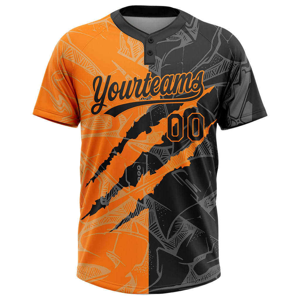 Custom Graffiti Pattern Black-Bay Orange 3D Scratch Two-Button Unisex Softball Jersey