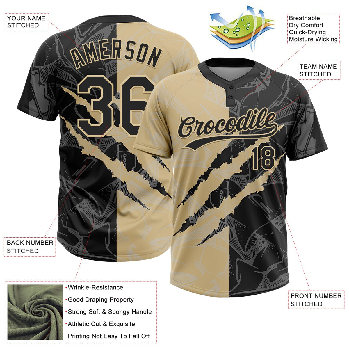 Custom Graffiti Pattern Black-Vegas Gold 3D Scratch Two-Button Unisex Softball Jersey