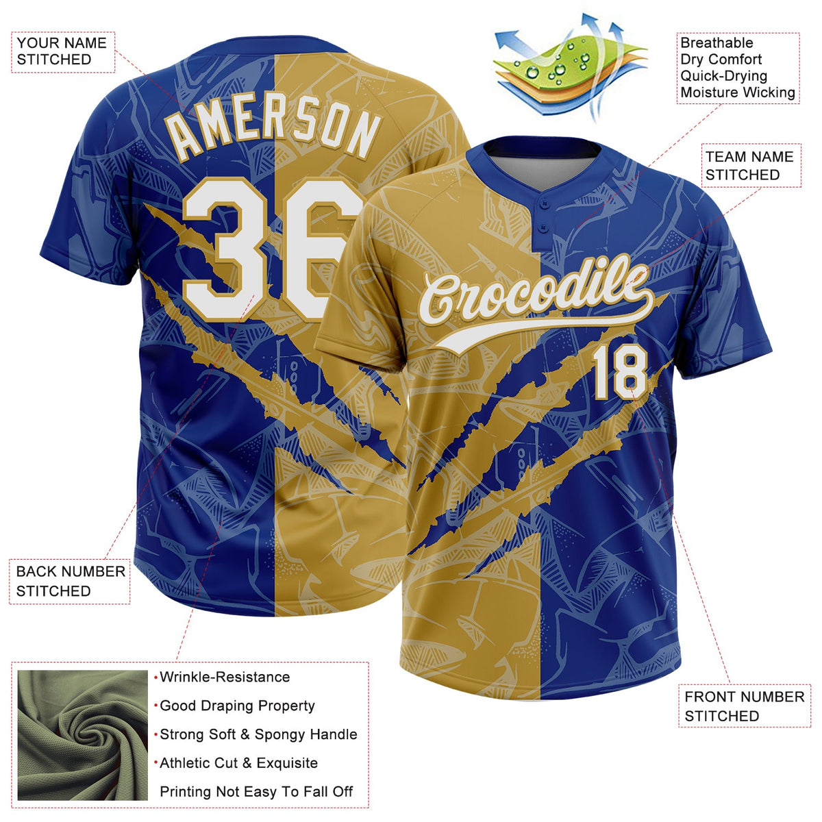 Custom Graffiti Pattern White Royal-Old Gold 3D Scratch Two-Button Unisex Softball Jersey