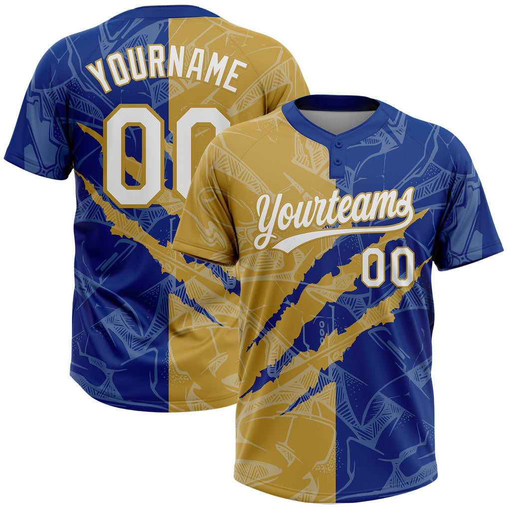 Custom Graffiti Pattern White Royal-Old Gold 3D Scratch Two-Button Unisex Softball Jersey