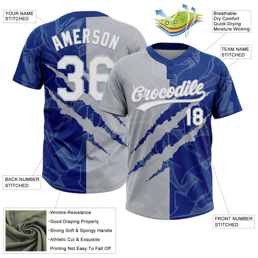 Custom Graffiti Pattern White Royal-Gray 3D Scratch Two-Button Unisex Softball Jersey