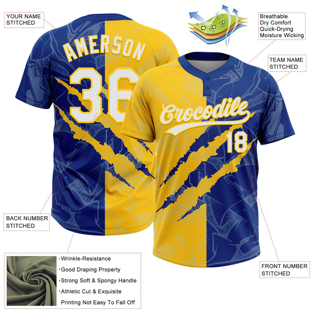 Custom Graffiti Pattern White Royal-Yellow 3D Scratch Two-Button Unisex Softball Jersey