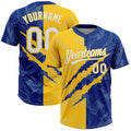 Custom Graffiti Pattern White Royal-Yellow 3D Scratch Two-Button Unisex Softball Jersey