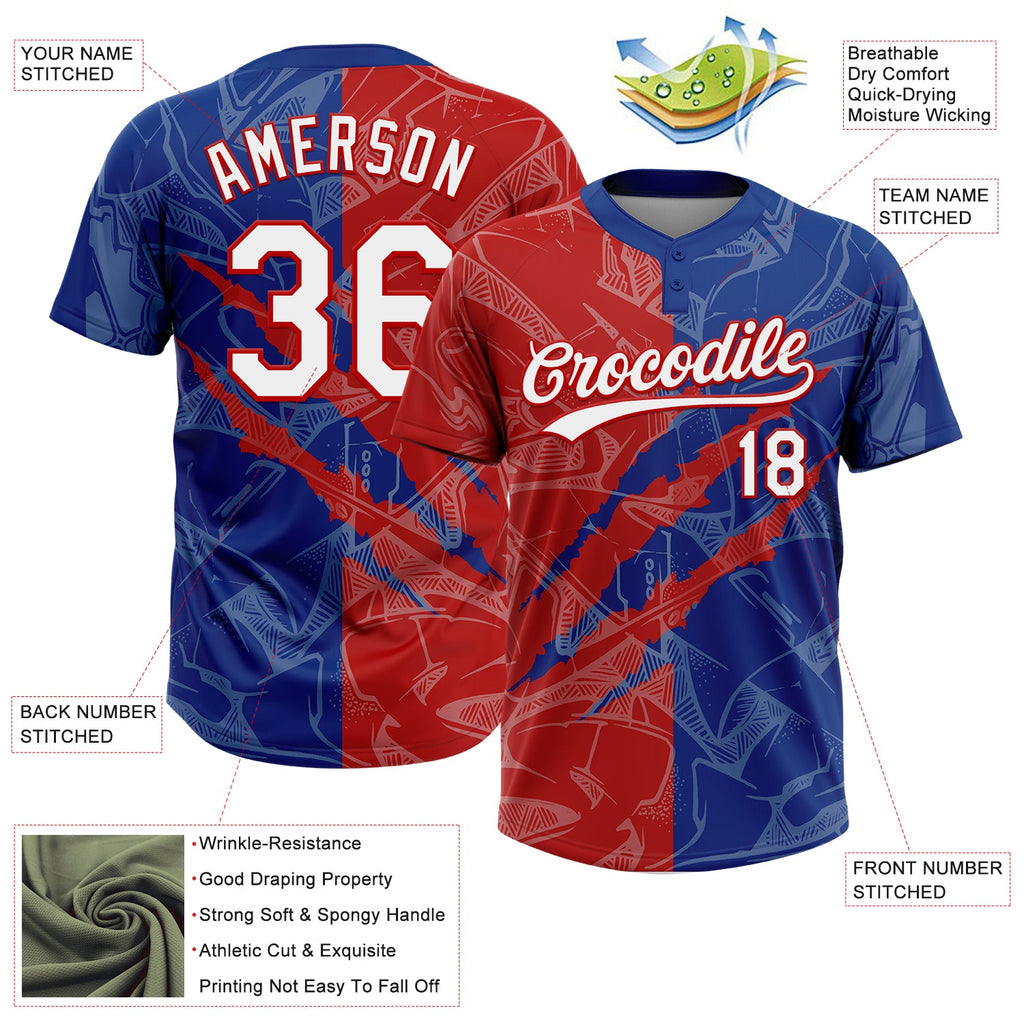 Custom Graffiti Pattern White Royal-Red 3D Scratch Two-Button Unisex Softball Jersey