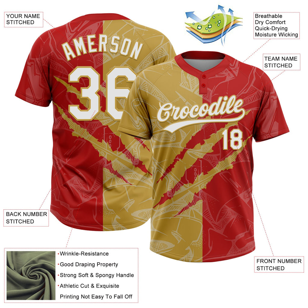 Custom Graffiti Pattern White Red-Old Gold 3D Scratch Two-Button Unisex Softball Jersey