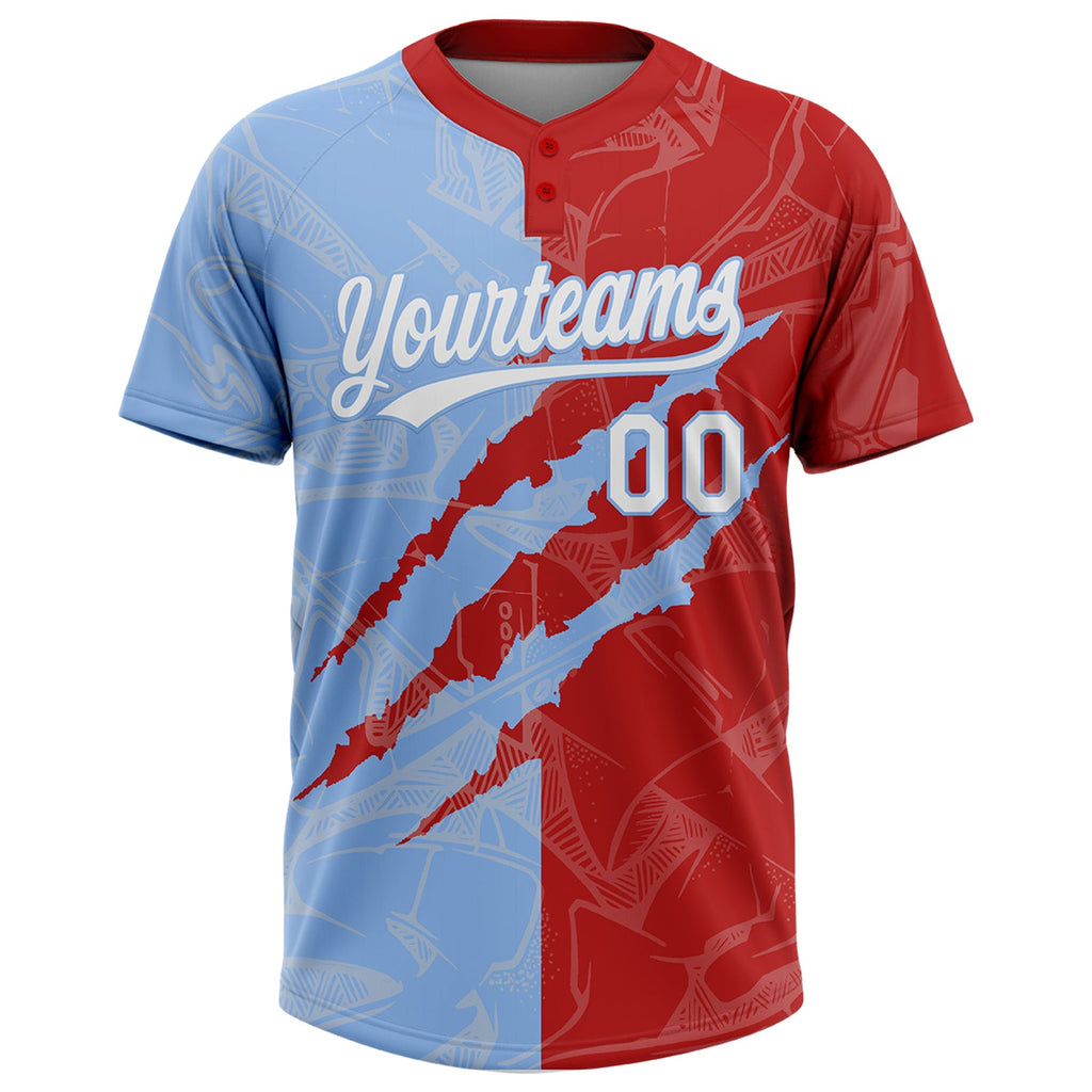 Custom Graffiti Pattern White Red-Light Blue 3D Scratch Two-Button Unisex Softball Jersey