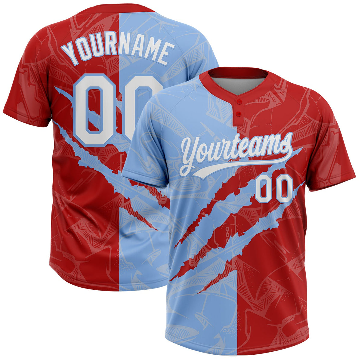 Custom Graffiti Pattern White Red-Light Blue 3D Scratch Two-Button Unisex Softball Jersey