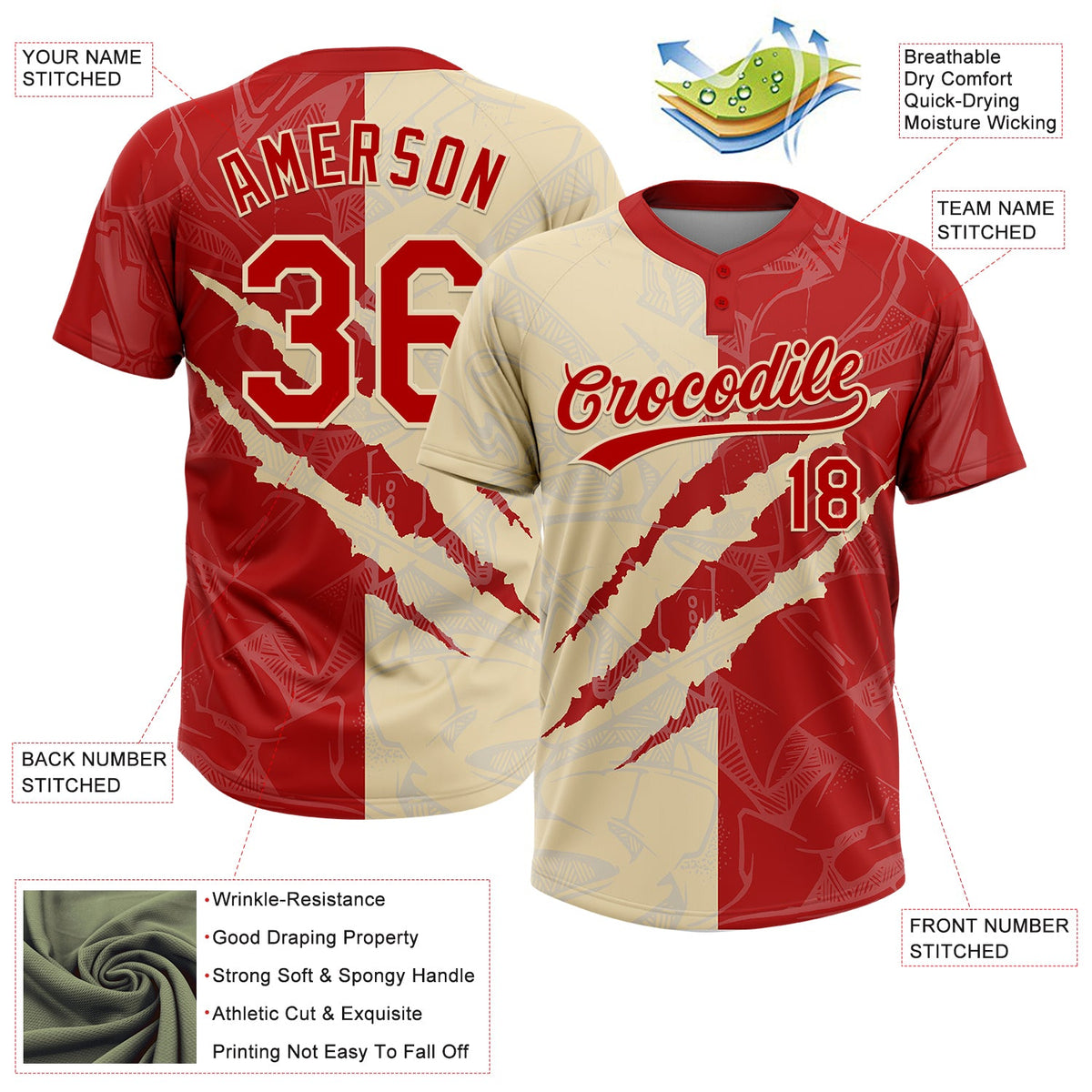 Custom Graffiti Pattern Red-Cream 3D Scratch Two-Button Unisex Softball Jersey