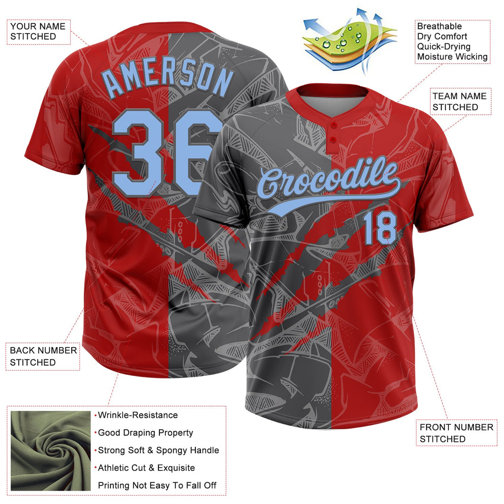 Custom Graffiti Pattern Light Blue Red-Steel Gray 3D Scratch Two-Button Unisex Softball Jersey