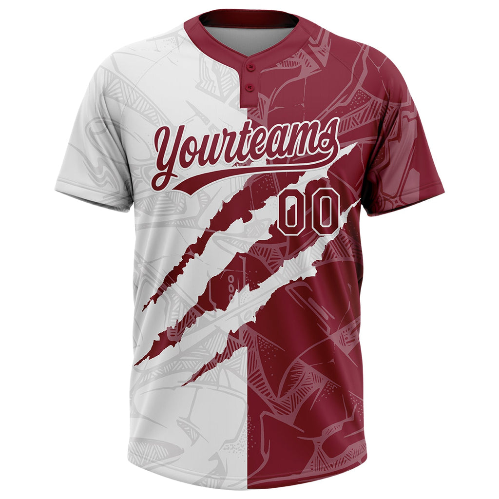 Custom Graffiti Pattern Crimson-White 3D Scratch Two-Button Unisex Softball Jersey