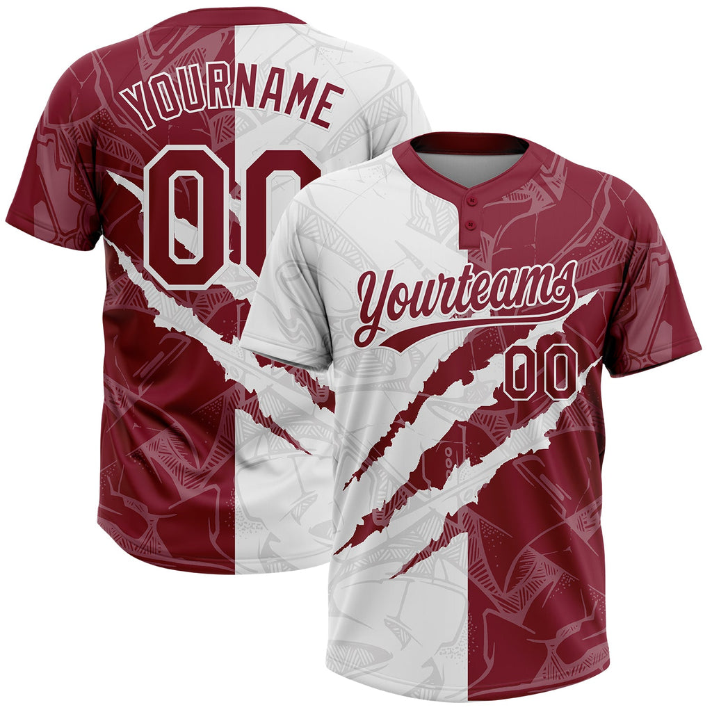 Custom Graffiti Pattern Crimson-White 3D Scratch Two-Button Unisex Softball Jersey