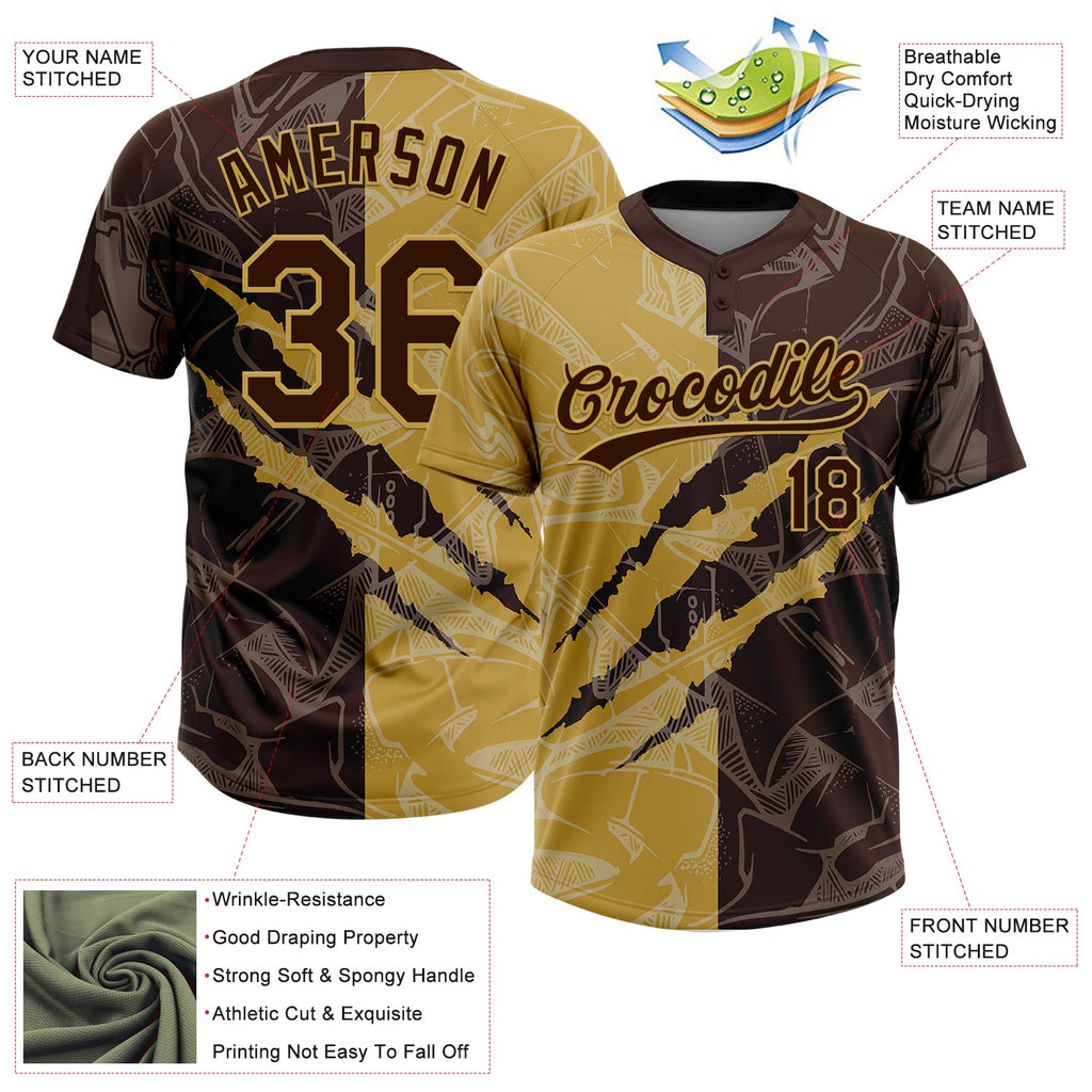 Custom Graffiti Pattern Brown-Old Gold 3D Scratch Two-Button Unisex Softball Jersey