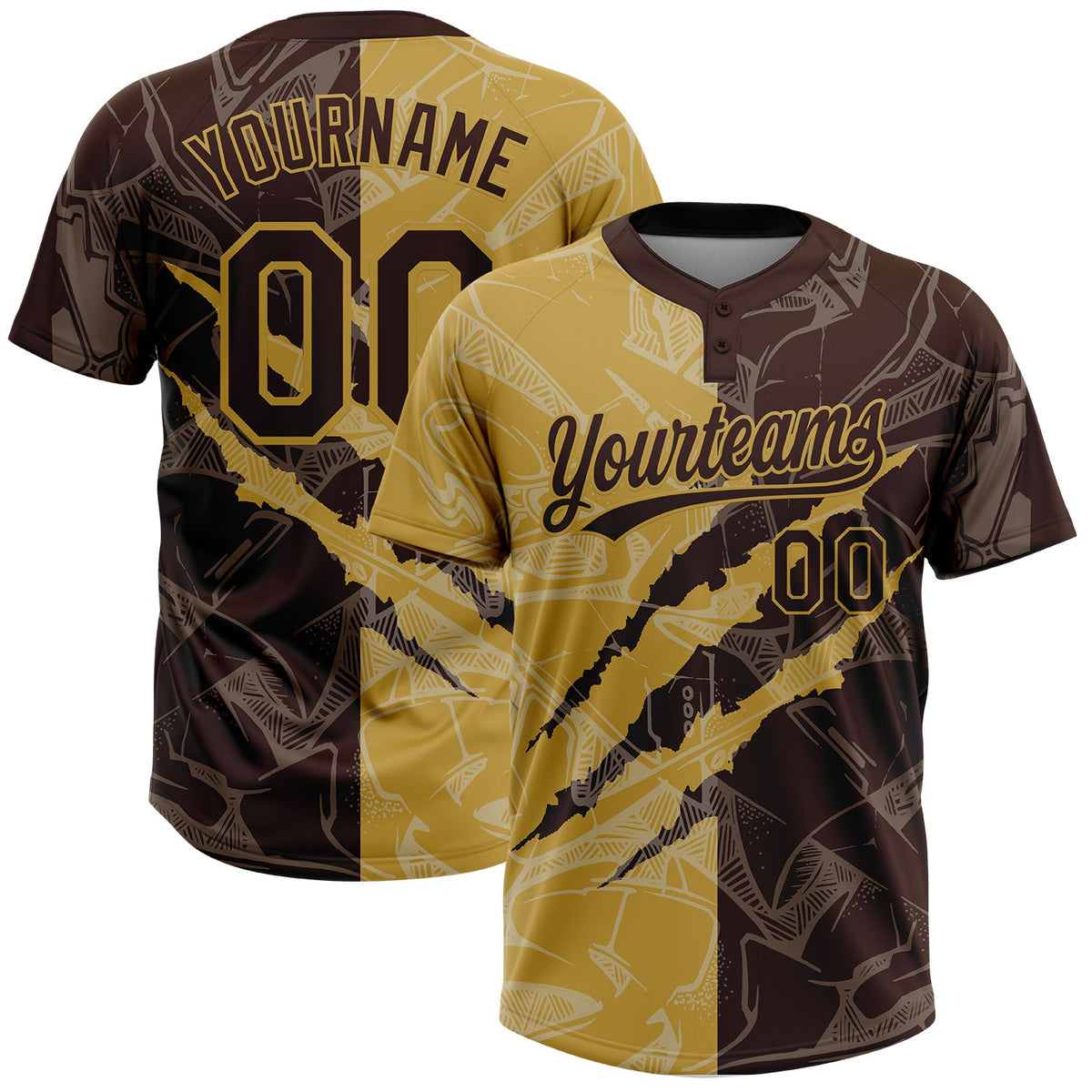 Custom Graffiti Pattern Brown-Old Gold 3D Scratch Two-Button Unisex Softball Jersey