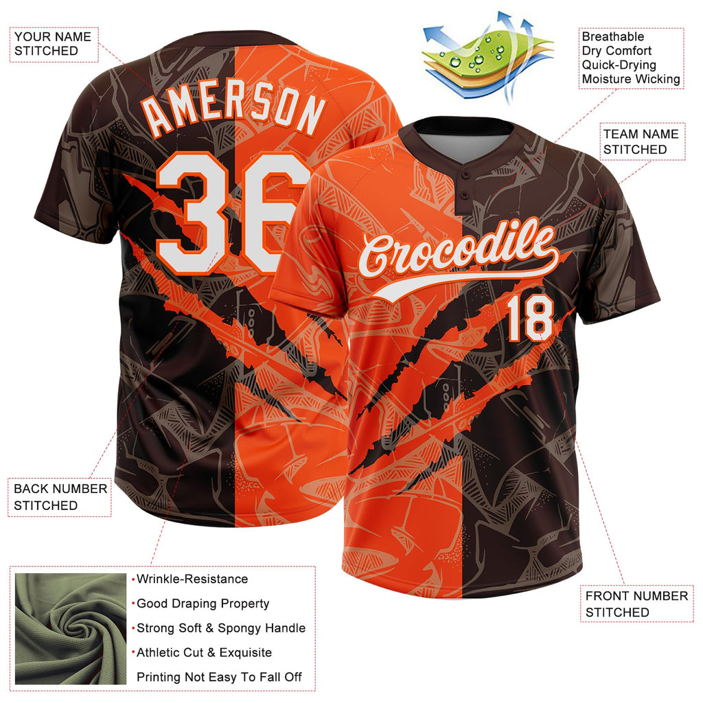 Custom Graffiti Pattern White Brown-Orange 3D Scratch Two-Button Unisex Softball Jersey