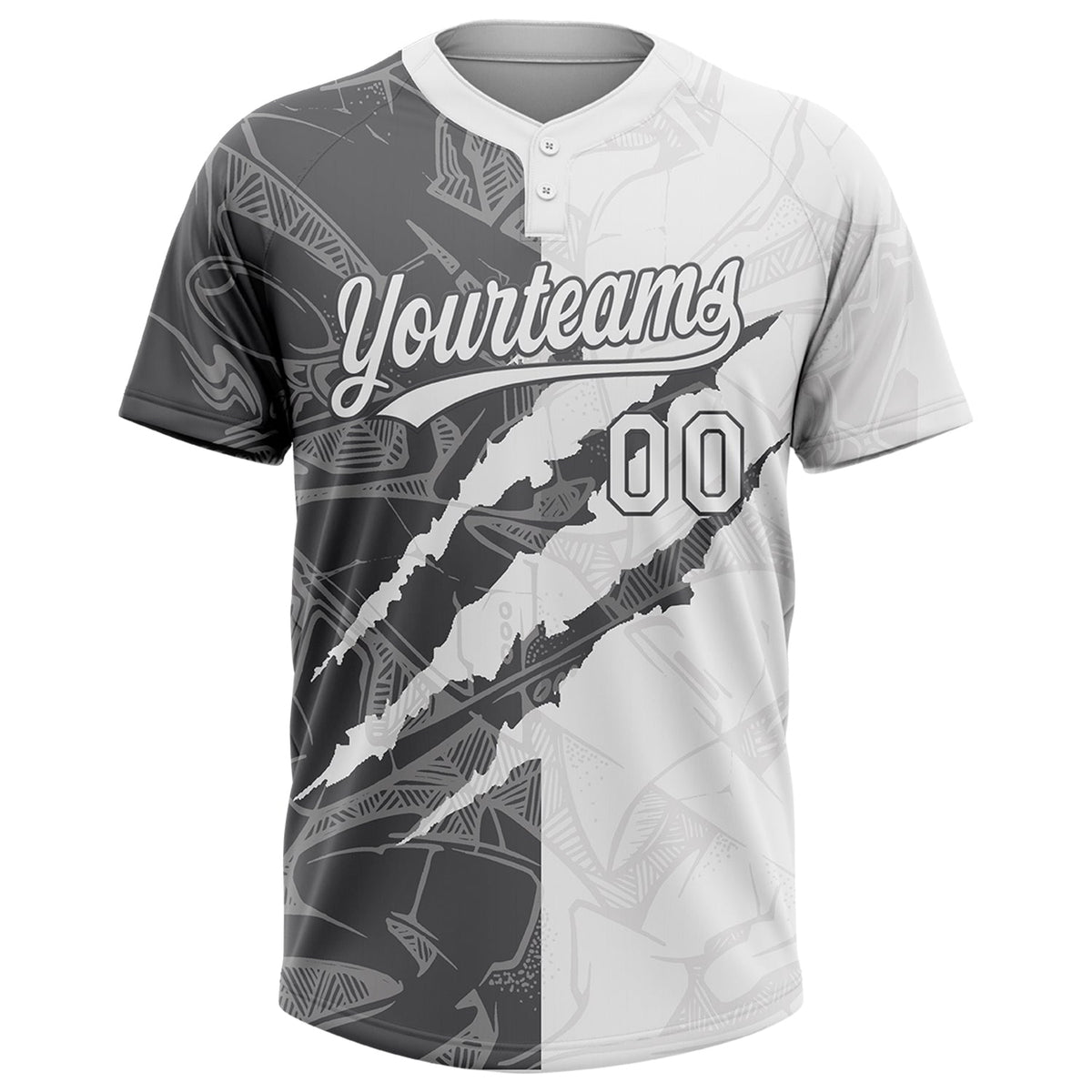 Custom Graffiti Pattern White-Steel Gray 3D Scratch Two-Button Unisex Softball Jersey