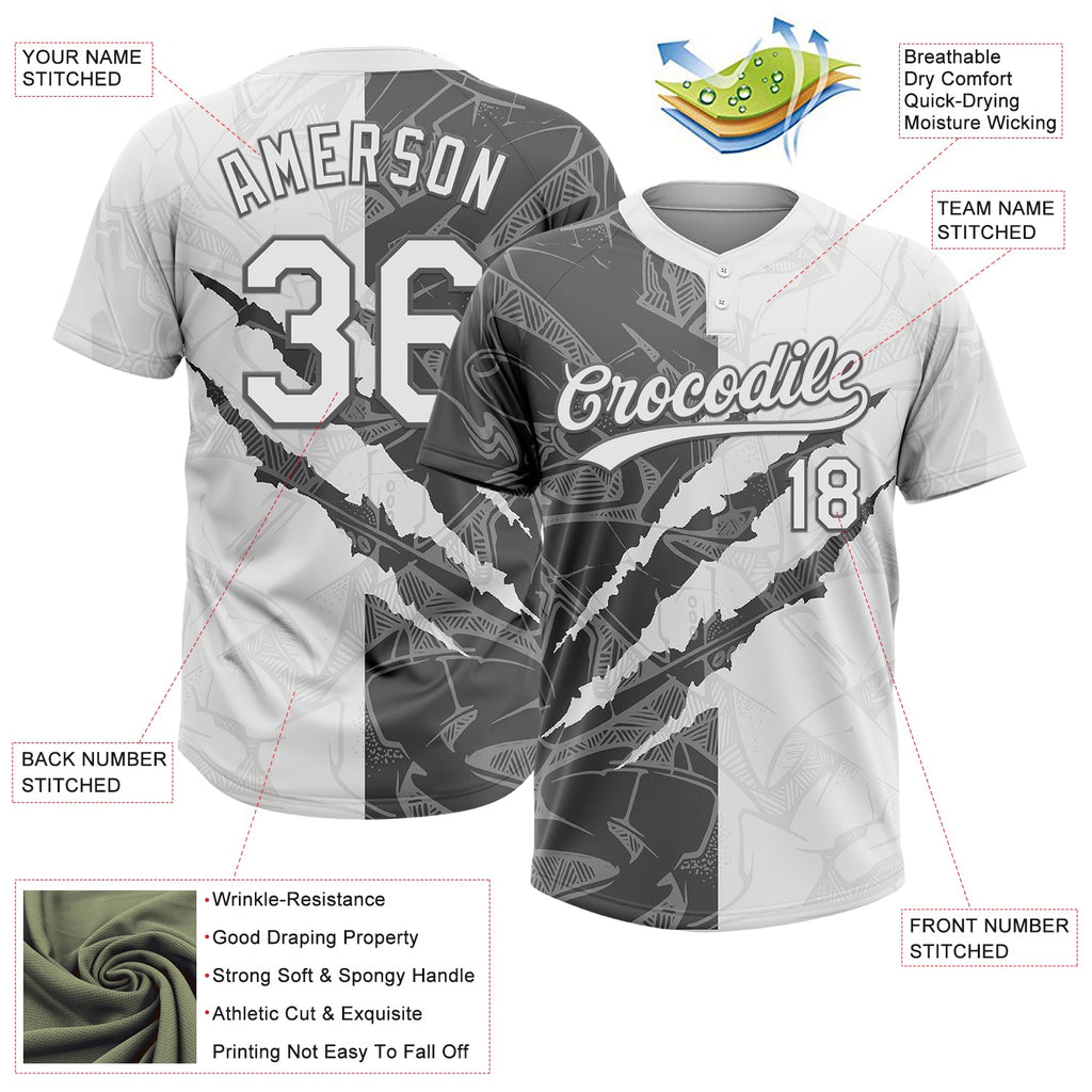 Custom Graffiti Pattern White-Steel Gray 3D Scratch Two-Button Unisex Softball Jersey