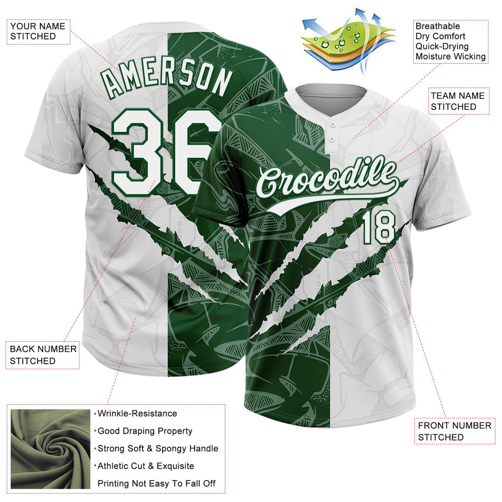 Custom Graffiti Pattern White-Green 3D Scratch Two-Button Unisex Softball Jersey