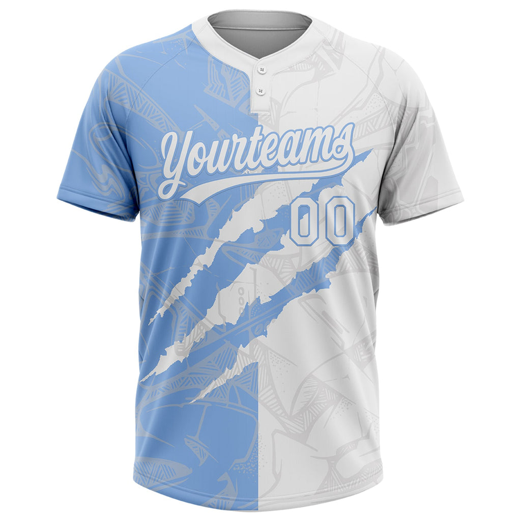 Custom Graffiti Pattern White-Light Blue 3D Scratch Two-Button Unisex Softball Jersey