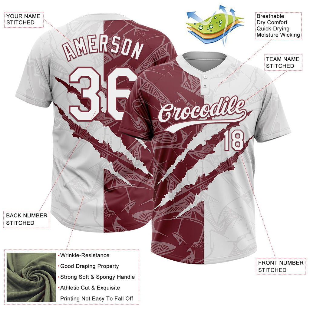 Custom Graffiti Pattern White-Burgundy 3D Scratch Two-Button Unisex Softball Jersey